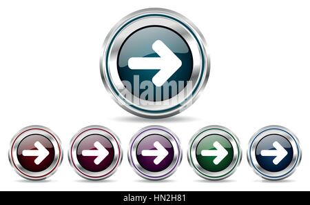 Freccia successivo set di round silver bordo metallico icone vettoriali su sfondo bianco in eps 10. Illustrazione Vettoriale