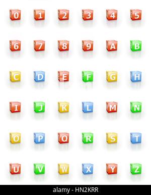 I numeri 1 - 0, le lettere A - Z sui blocchi cubici. Foto Stock
