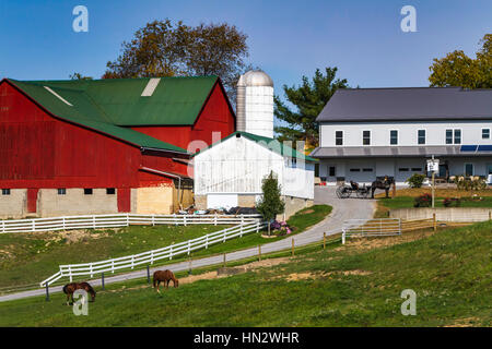 Una fattoria Amish con casa e fienile nei pressi di fascino, Ohio, Stati Uniti d'America. Foto Stock