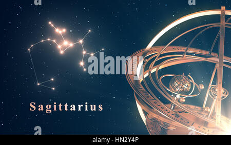 La costellazione dello zodiaco Sagittario e sfera armillare su sfondo blu Foto Stock