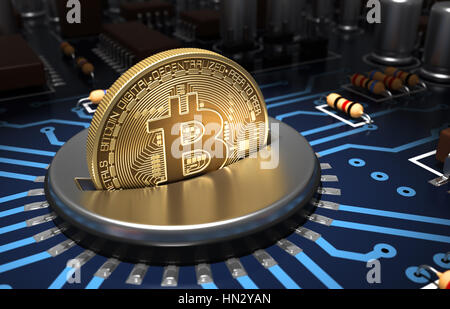 Mettere Bitcoin in Coin Slot sulla scheda madre blu Foto Stock