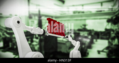 Immagine in computer grafica di mano robotica azienda il lavoro di squadra contro il testo immagine sfocati di macchinari Foto Stock