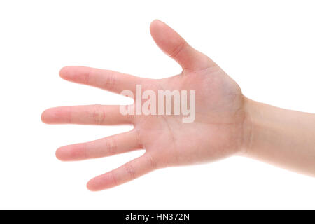 La donna il palmo della mano closeup isolati su sfondo bianco Foto Stock