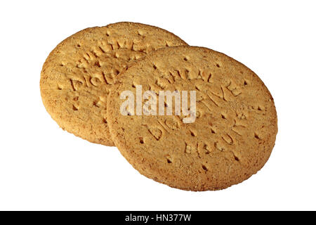 Due pianura sweetmeal biscotti digestivi isolato su uno sfondo bianco Foto Stock