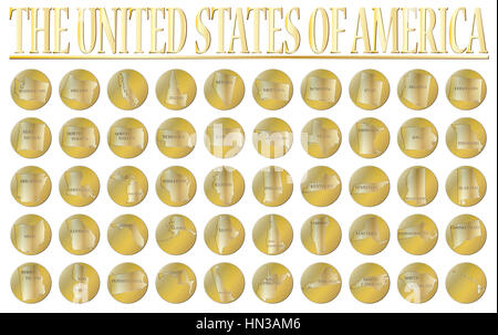 50 monete d'oro che rappresentano i 50 stati degli STATI UNITI D'AMERICA isolata su uno sfondo bianco Foto Stock