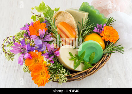 Saponi a base di erbe fresche e fiori di primavera in una ciotola Foto Stock