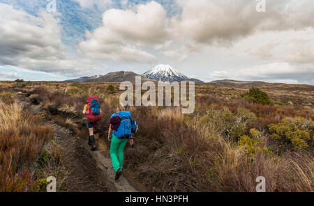 Gli escursionisti, vulcano Monte Tongariro e Monte Ngauruhoe, parco nazionale di Tongariro, Southland, Nuova Zelanda Foto Stock