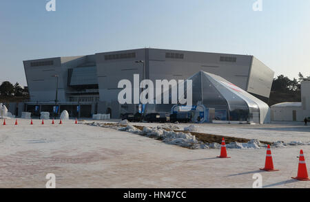 Gangneung, Corea del Sud. Il giorno 08 Febbraio, 2017. Una vista del Gangneung Hockey center per i giochi olimpici invernali nel parco Olympia in Gangneung, Corea del Sud, 08 febbraio 2017. Il pattinaggio di velocità le determinazioni sono effettuate a Gangneung Science ovale. Il cluster costiere di Gangneung, dove tutto il ghiaccio competizioni sportive si svolgerà, si trova a circa 230 km a est di Seoul. Foto: Dirk Godder/dpa/Alamy Live News Foto Stock