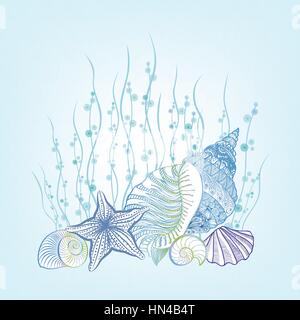 Seashell sfondo vacanza estiva concetto. sfondo vettoriale con conchiglie, stella di mare e sabbia. disegnati a mano stile di attacco vita sottomarina ancora Illustrazione Vettoriale