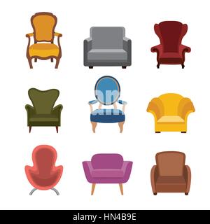 Sedie e poltroncine set di icone. collezione di mobili di diverse poltrone in stile appartamento. Illustrazione Vettoriale