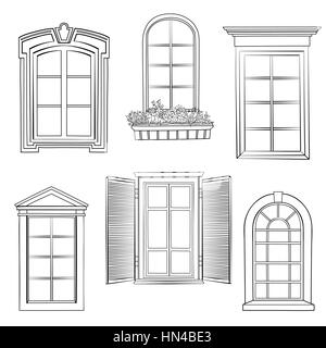 Finestra set. diverso stile architettonico di windows doodle schizzo elegante collection Illustrazione Vettoriale