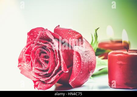 Romantica rosa rossa con la masterizzazione di candele rosse il giorno di San Valentino e il concetto di amore foto. Foto Stock