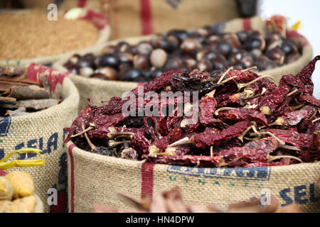 Sacchi di spezie fresche in vendita a Cochin, Kerala. Foto Stock