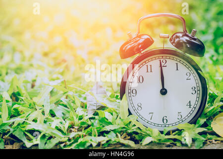 Ore 12 orologio retrò nel giardino campo di erba con luce solare. Foto Stock