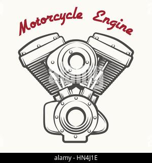 Motore per motociclo etichetta o emblema disegnato nel retro stile di incisione. Illustrazione Vettoriale. Illustrazione Vettoriale