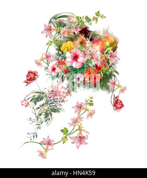 La pittura ad acquerello di foglie e fiori, su sfondo bianco Foto Stock