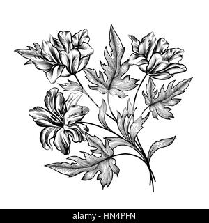 Cornice floreale con fiori d'estate. Bouquet floreale con tulipani. Vintage biglietto di auguri con fiori fioriscono confine. Sfondo floreale. Illustrazione Vettoriale