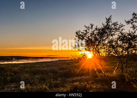 Il sole di mezzanotte in Norvegia Foto Stock