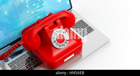 Rosso telefono vecchio su un laptop su sfondo bianco. 3d illustrazione Foto Stock