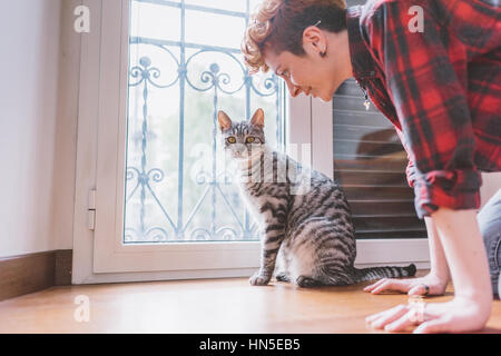 Carino scena tra una donna e il suo gatto europeo indoor in casa sua - Il proprietario, di amore, di affetto concept Foto Stock