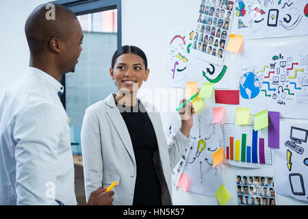 Graphic Designer discutendo su foglietti adesivi a bordo in office Foto Stock