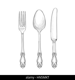 Forcella, coltelli, cucchiai schizzo set. posate a mano collezione di disegno. catering incisi illustrazione vettoriale. ristorante simbolo Illustrazione Vettoriale