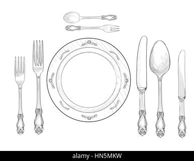 Impostazione tabella set. forcella, coltelli, cucchiai, piastra schizzo set. posate a mano collezione di disegno. catering incisi illustrazione vettoriale. Ristorante Servizio. b Illustrazione Vettoriale