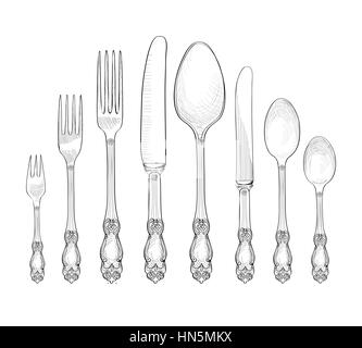 Impostazione tabella set. forcella, coltelli, cucchiai schizzo set. posate a mano collezione di disegno. catering incisi illustrazione vettoriale. ristorante servizio banchetti. Illustrazione Vettoriale