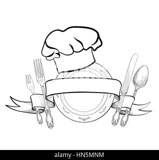 Chef di cucina con cappello di forchetta, cucchiaio, coltello e la piastra del disegno a mano schizzo etichetta. posate icona vettore. catering e servizio ristorante insignia. ristorante Illustrazione Vettoriale