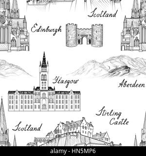 Viaggiare in Scozia famose città punto di riferimento con la calligrafia artigianali. Edimburgo, Glasgow, Aberdeen city seamless pattern per la progettazione architettonica. m Illustrazione Vettoriale