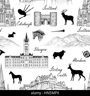 Viaggiare in Scozia famose città punto di riferimento con la calligrafia artigianali. Edimburgo, Glasgow, Aberdeen city seamless pattern per la progettazione architettonica. m Illustrazione Vettoriale