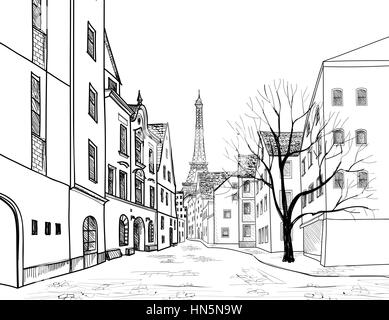 Paris street. cityscape - case, edifici e ad albero sul vialetto con torre eiffil su sfondo. vista città vecchia medievale. città europea del paesaggio della penna. Illustrazione Vettoriale