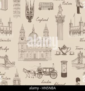 Simbolo di londra seamless pattern. doodle travel europe sketchy lettering famosi monumenti architettonici e simboli. Inghilterra vintage icone te del vettore Illustrazione Vettoriale