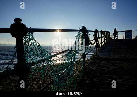 Cane a piedi di Liverpool Bay golden sunrise dalla nuova spiaggia di Brighton in Wallasey, Merseyside, Wirral, Inghilterra, Regno Unito guardando fuori per vedere oltre la città cento Foto Stock