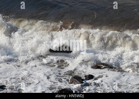 Onde che si infrangono sulla spiaggia rocciosa. Foto Stock