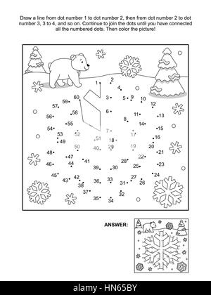 Inverno, Anno Nuovo o a tema natalizio collegare i puntini rompicapo e la colorazione di pagina - il simbolo del fiocco di neve. Risposta inclusa. Illustrazione Vettoriale