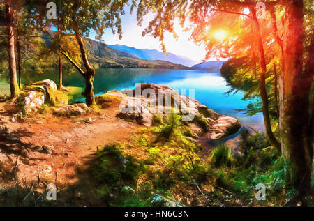 Le opere in stile di pittura ad acquerello. Lago di montagna scommessa Foto Stock