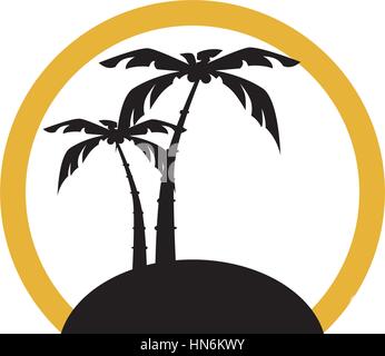 Forma circolare silhouette spiaggia con palm e isola illustrazione vettoriale Illustrazione Vettoriale