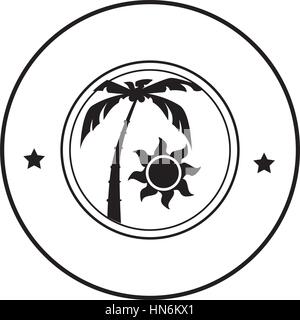 Forma circolare silhouette palm e sun illustrazione vettoriale Illustrazione Vettoriale