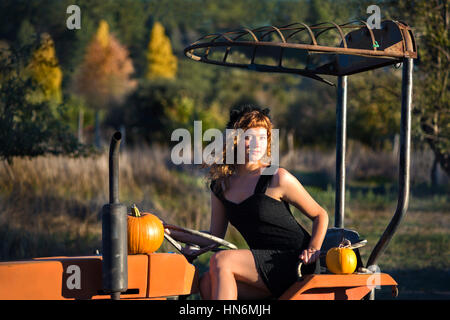 Giovane donna seduta sul trattore in landsape rurale in autunno con zucche Foto Stock