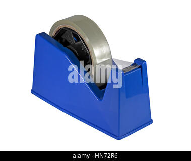 Un blue desk top Sellotape dispenser isolato su uno sfondo bianco Foto Stock