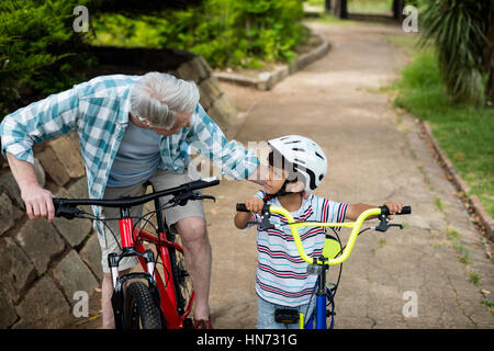 Nonno e nipote in piedi con la bicicletta nel parco in una giornata di sole Foto Stock