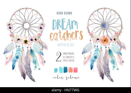 Isolato decorazione acquerello bohemian dreamcatcher. Boho feath Foto Stock