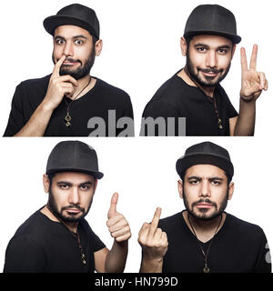 Mosaico di Medio Oriente esprimendo emozioni differenti. L'uomo barbuto con t-shirt nera e cappuccio con quattro diverse emozioni con le mani. isolato o Foto Stock