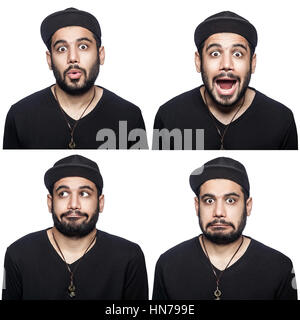 Mosaico del medio oriente che esprimono differenti eccitato emozioni. L'uomo barbuto con t-shirt nera e cappuccio con quattro diverse emozioni sorpreso. iso Foto Stock