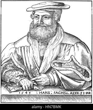 Hans Sachs, 1494 - 1576, era un tedesco Meistersinger, mastersinger, poeta, drammaturgo e del calzolaio, Norimberga, Germania, Hans Sachs im Alter von 51, Hans Sachs, 1494 - 1576, ein Nuernberger Schuhmacher, Spruchdichter, Meistersinger und Dramatiker, xilografia dal 1885, digitale migliorata Foto Stock