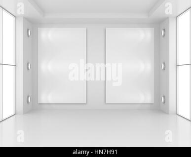 Interno della galleria con telaio vuoto sulla parete e luci. Il rendering 3D Foto Stock