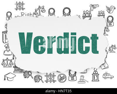 Il concetto di legge: verniciato di verde testo verdetto sulla carta strappata con sfondo disegnato a mano le icone di legge Foto Stock