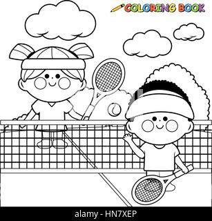 Illustrazione vettoriale di un ragazzo e una ragazza giocando a tennis presso il campo da tennis con racchette e palle da tennis. Libro da colorare pagina Illustrazione Vettoriale
