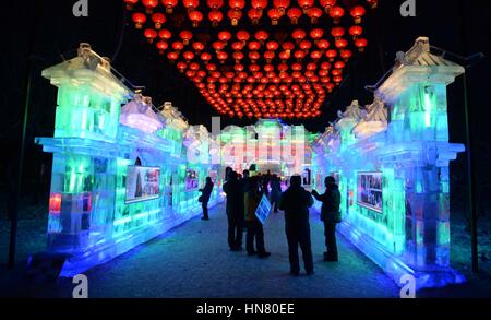 Harbin, la Cina della Provincia di Heilongjiang. 8 febbraio, 2017. I turisti vista lanterne di ghiaccio durante una lanterna di ghiaccio festival di Harbin, capitale del nord-est della Cina di Provincia di Heilongjiang, Febbraio 8, 2017. Oltre 2.000 lanterne di ghiaccio sono stati visualizzati al festival. Credito: Wang Kai/Xinhua/Alamy Live News Foto Stock